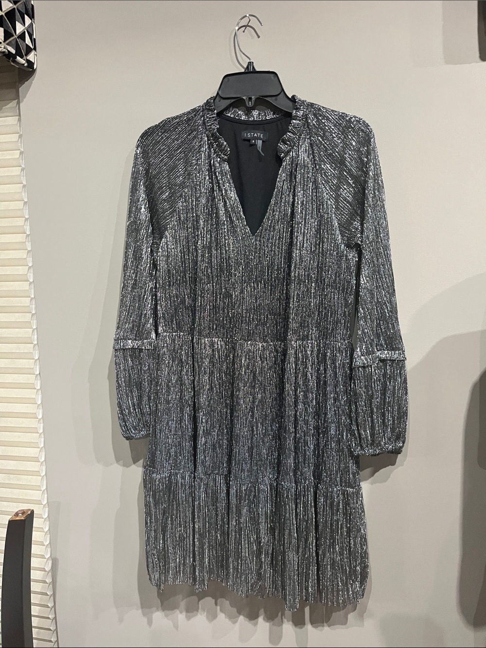 1. State Silver Metallic Pleated Long-Sleeve Tiered Dress